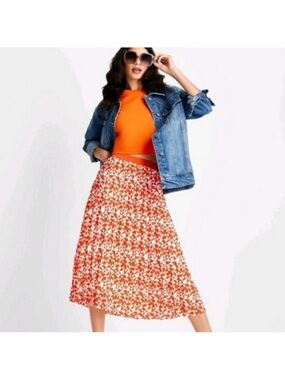 Orange Floral Pleated Midi Skirt with A-Line Silhouette